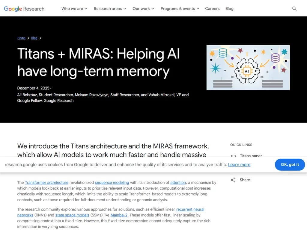 Google Titans architecture, helping AI have long-term memory