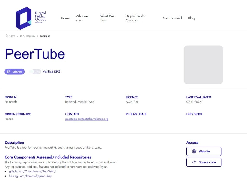 PeerTube is recognized as a digital public good by Digital Public Goods Alliance