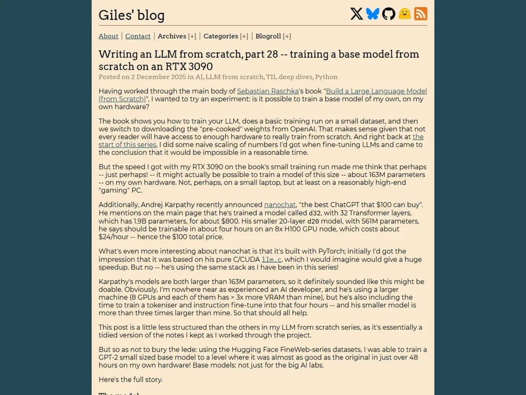 LLM from scratch, part 28 – training a base model from scratch on an RTX 3090