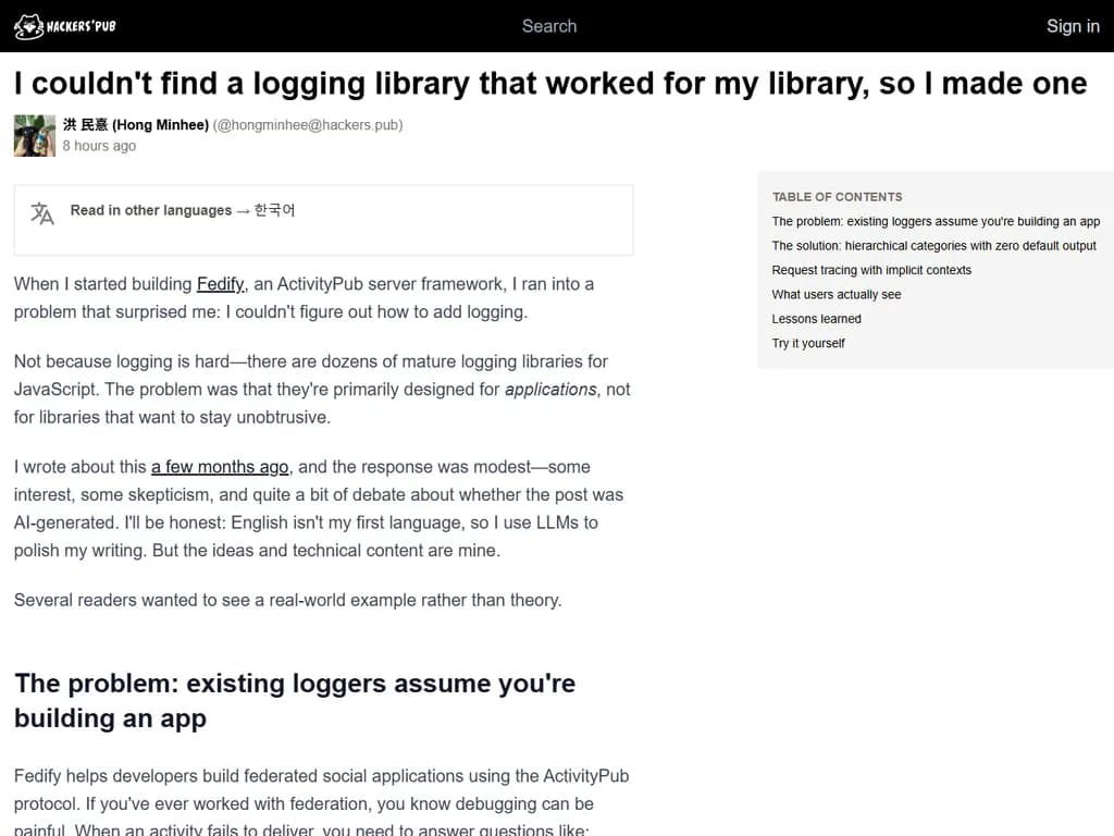 I couldn't find a logging library that worked for my library, so I made one
