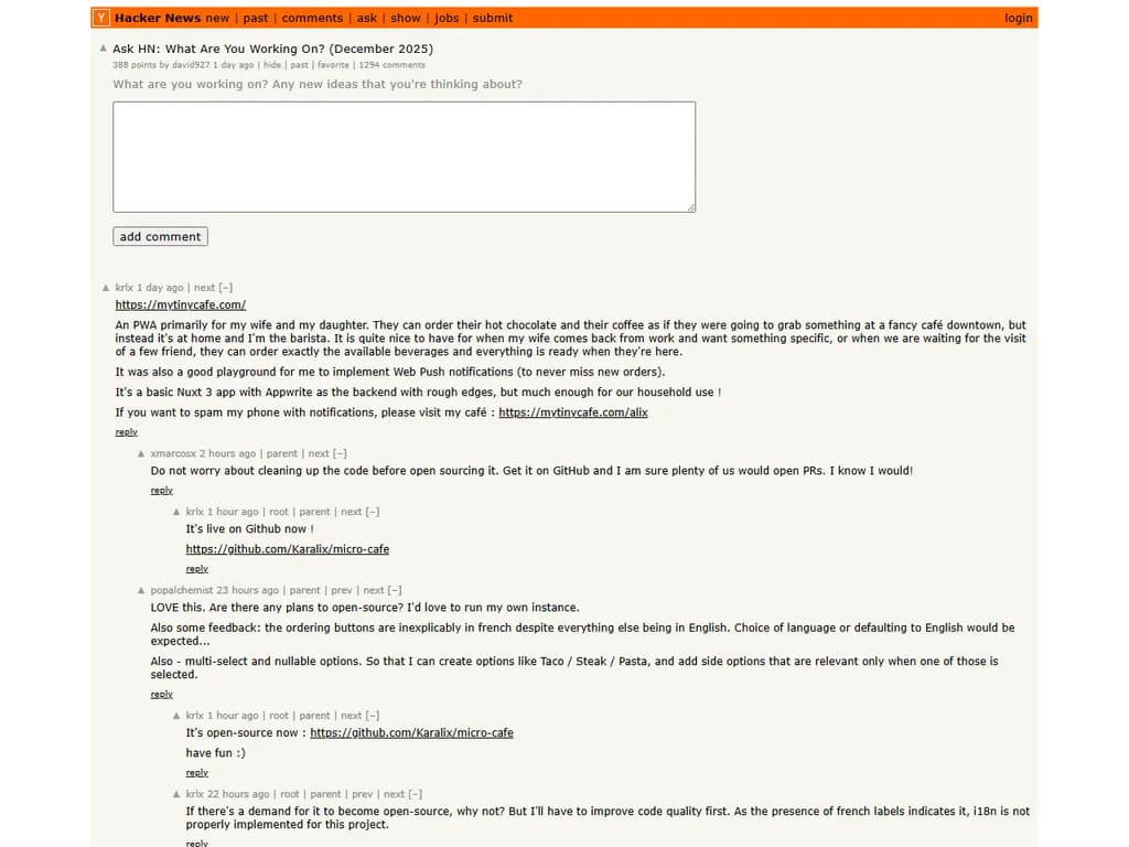 Ask HN: What Are You Working On? (December 2025)