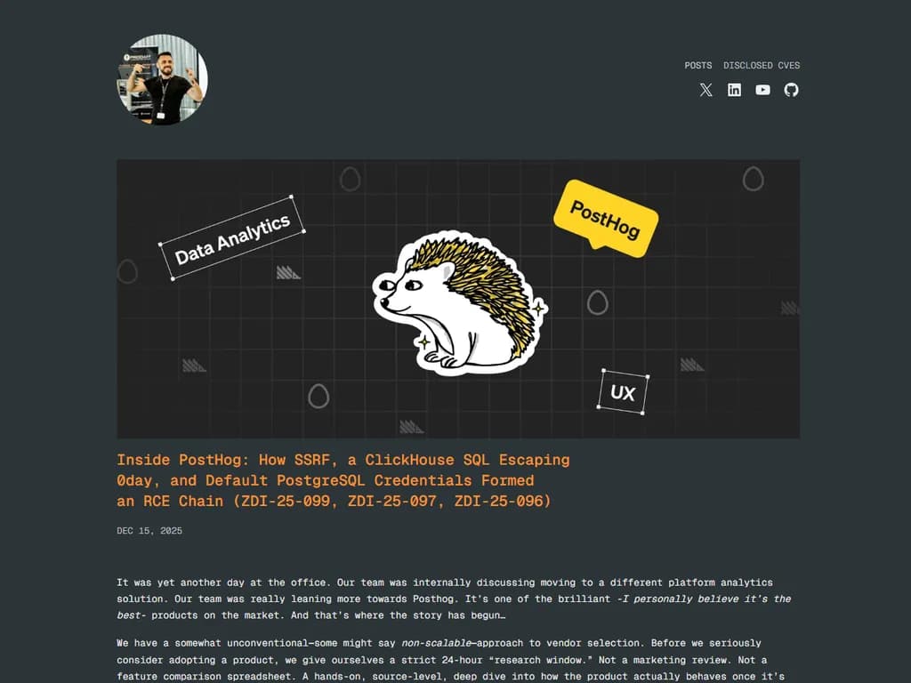 Inside PostHog: SSRF, ClickHouse SQL Escape and Default Postgres Creds to RCE