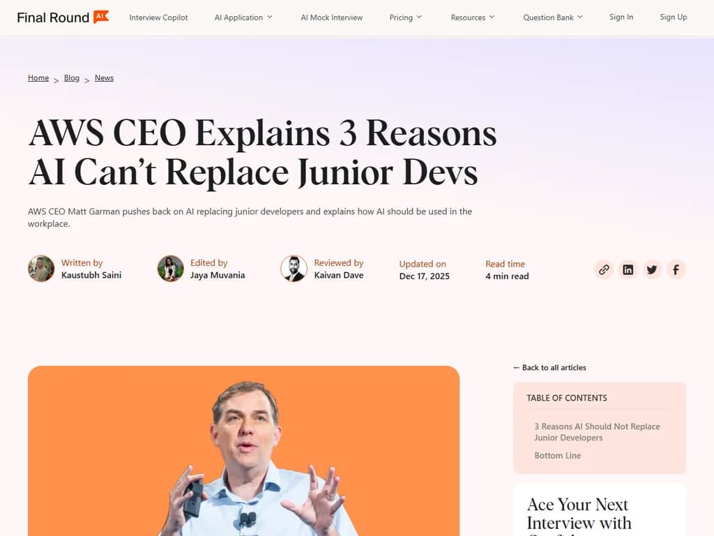 AWS CEO says replacing junior devs with AI is 'one of the dumbest ideas'