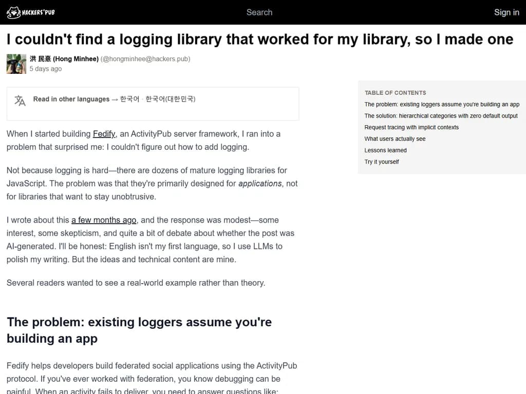 I couldn't find a logging library that worked for my library, so I made one