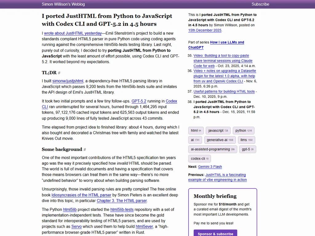 I ported JustHTML from Python to JavaScript with Codex CLI and GPT-5.2 in hours