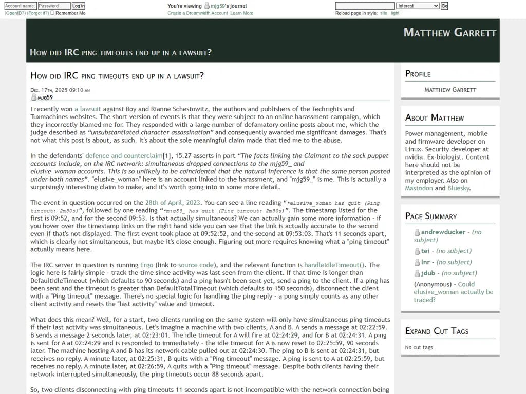 How did IRC ping timeouts end up in a lawsuit?