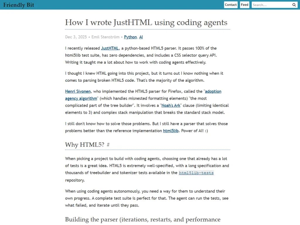 How I wrote JustHTML, a Python-based HTML5 parser, using coding agents