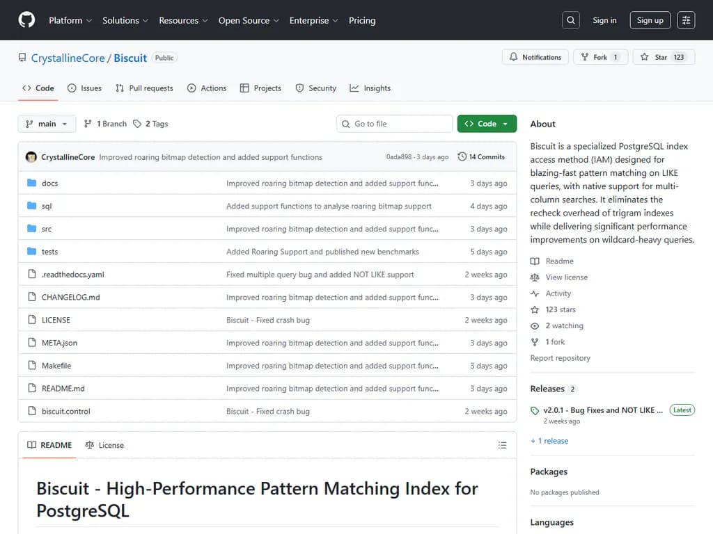 ビスケットは高速パターンマッチング用に設計された、LIKE クエリ向けの特化型PostgreSQLインデックスです。