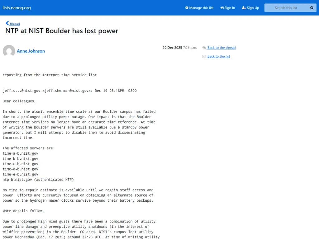 NIST ボルダーのNTPサーバーで停電が発生しました。