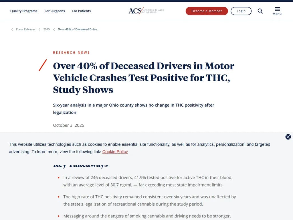 車両事故で死亡した運転手の40%以上がTHC陽性:研究結果