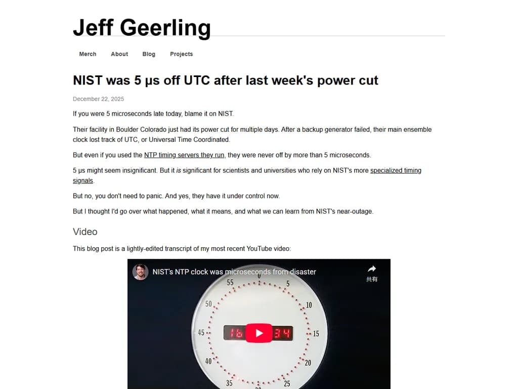 先週の停電後、NIST の時刻は UTC と比べて 5 µs 遅れていました。