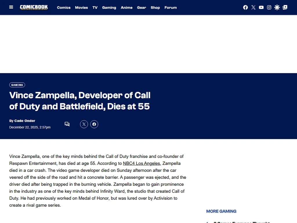ビンス・ザンペラ(『コール オブ デューティ』や『バトルフィールド』の開発者)が逝去しました。