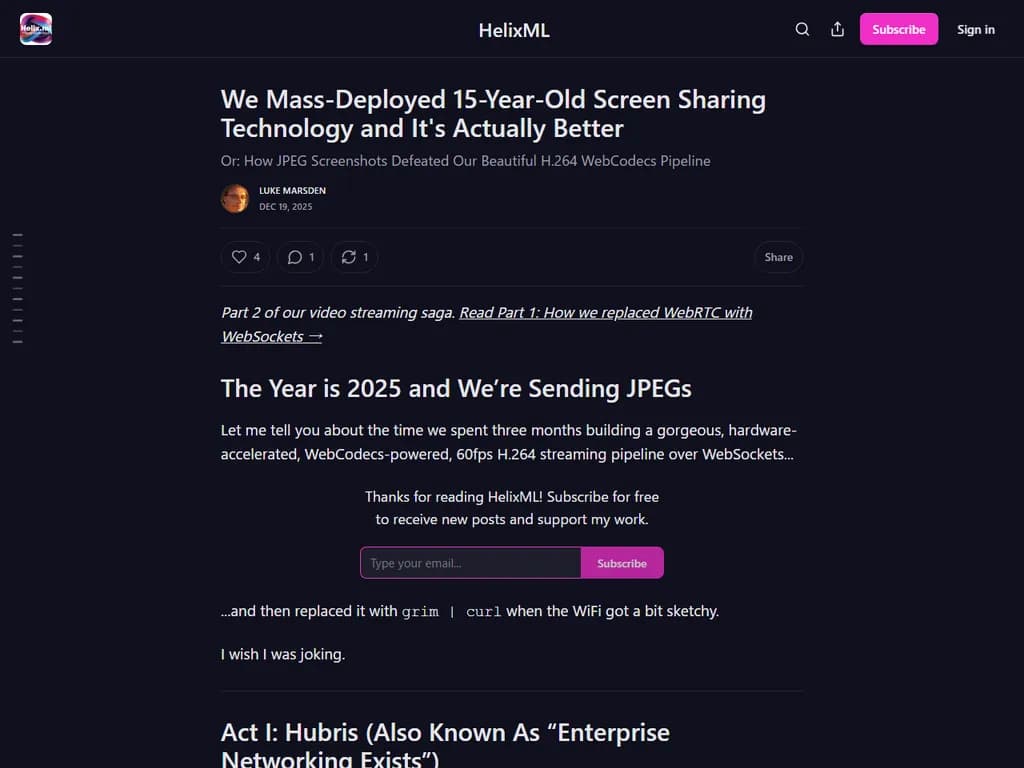 H.264 のストリーミングを JPEG スクリーンショットに置き換えた結果、より安定して動作しました。