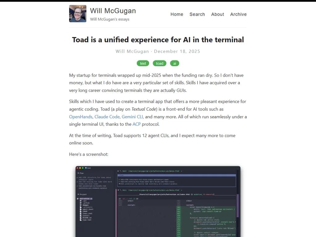 **トード**
ターミナル上でのAI体験を統合した一貫性のあるプラットフォーム。