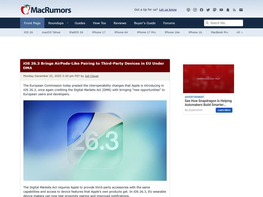 iOS 26.3 は、DMA(デジタル・マーケット法)に基づきEU内のサードパーティ機器で AirPods のようなペアリングを可能にします。