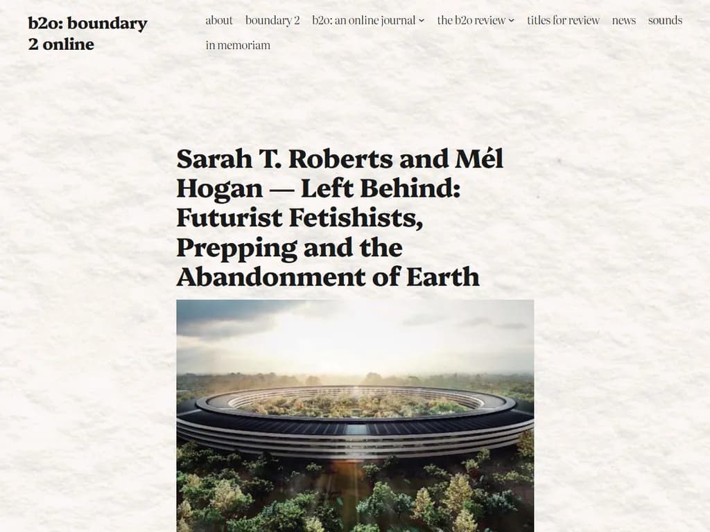 **「ラスト・ビハインド:未来派フェチズム、備蓄主義と地球放棄(2019)」**