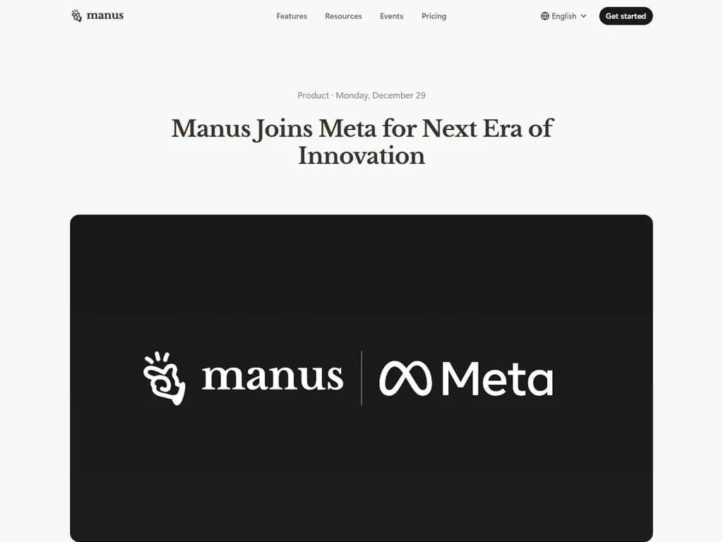 マンウスAI、メタへ参画
---
**訳注**
- 「ManusAI」は企業名としてそのまま表記。
- 「Joins」=「参加する/加入する」を「参画」と訳し、ビジネス文脈での自然な日本語にしました。