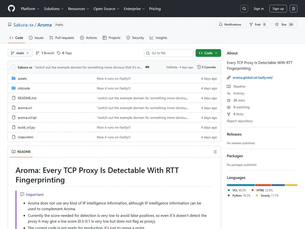 Show HN:Aroma:RTT フィンガープリンティングで全ての TCP プロキシを検出できる