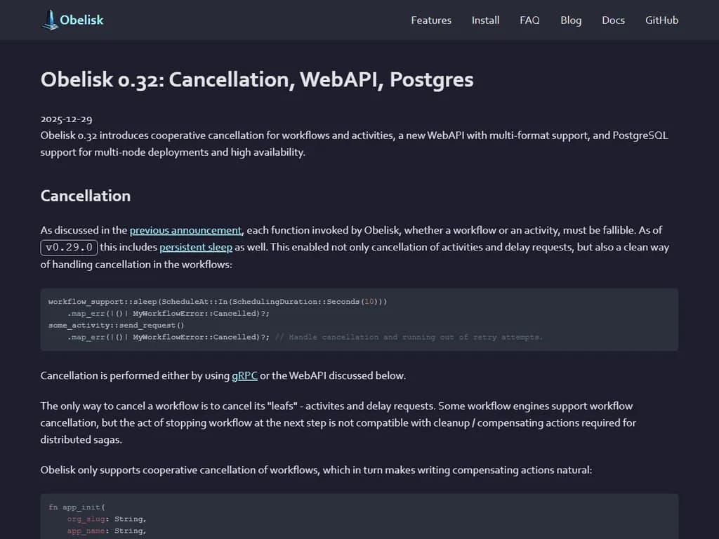 **オベリスク 0.32:**
- **キャンセル機能**
- **WebAPI**
- **PostgreSQL(Postgres)**