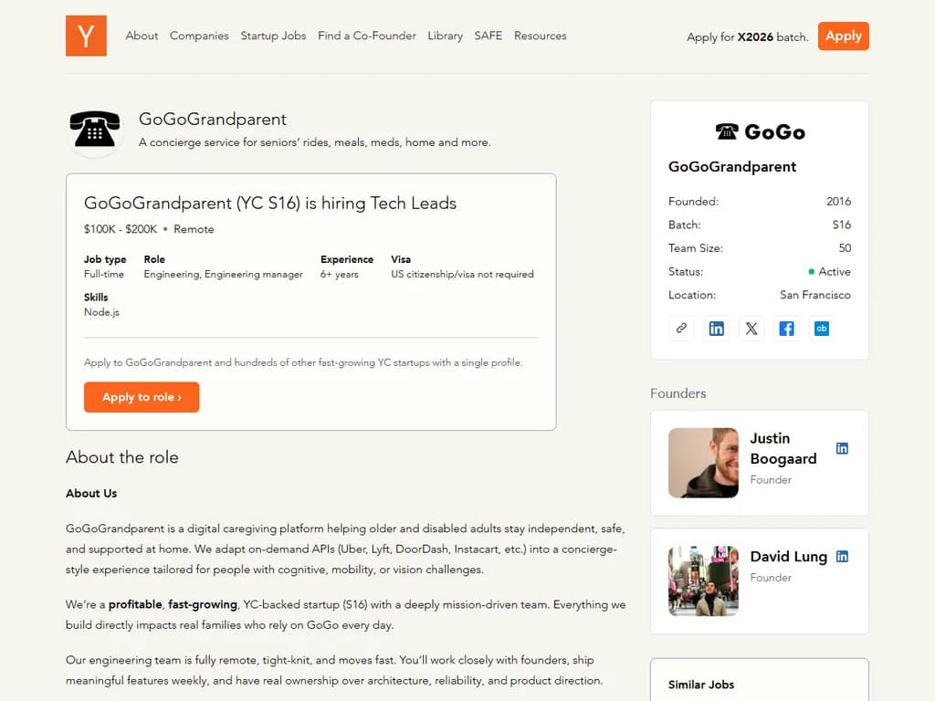 **GoGoGrandparent(YC S16)– テックリード募集**
- YC シリーズ 16 のスタートアップ、GoGoGrandparent は、経験豊富な **テックリード** をエンジニアリングチームに迎えるため積極的に採用活動を行っています。