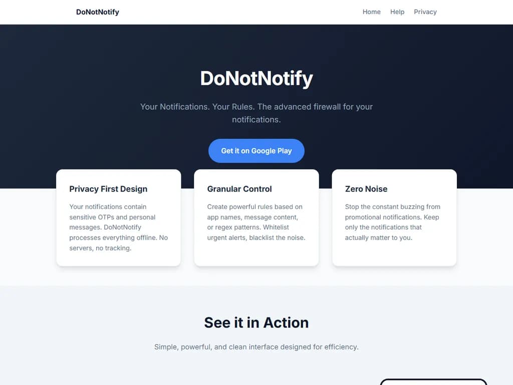 **Show HN:** *DoNotNotify* ― Android で通知を記録して賢くブロックするツール
---
- **タイトルの日本語訳**
「Show HN:DoNotNotify ― Android で通知をログし、知的にブロック」
- **解説**
*Show HN* は Hacker News の投稿形式。
*DoNotNotify* は「通知しない」という意味の英語表現で、ここではアプリ名です。
「Log and intelligently block notifications on Android」は「Android 上で通知を記録して、知的にブロックする」ことを指します。
- **自然な日本語**
「Android で通知をログし、賢くブロックするツール」という表現が最も直感的です。