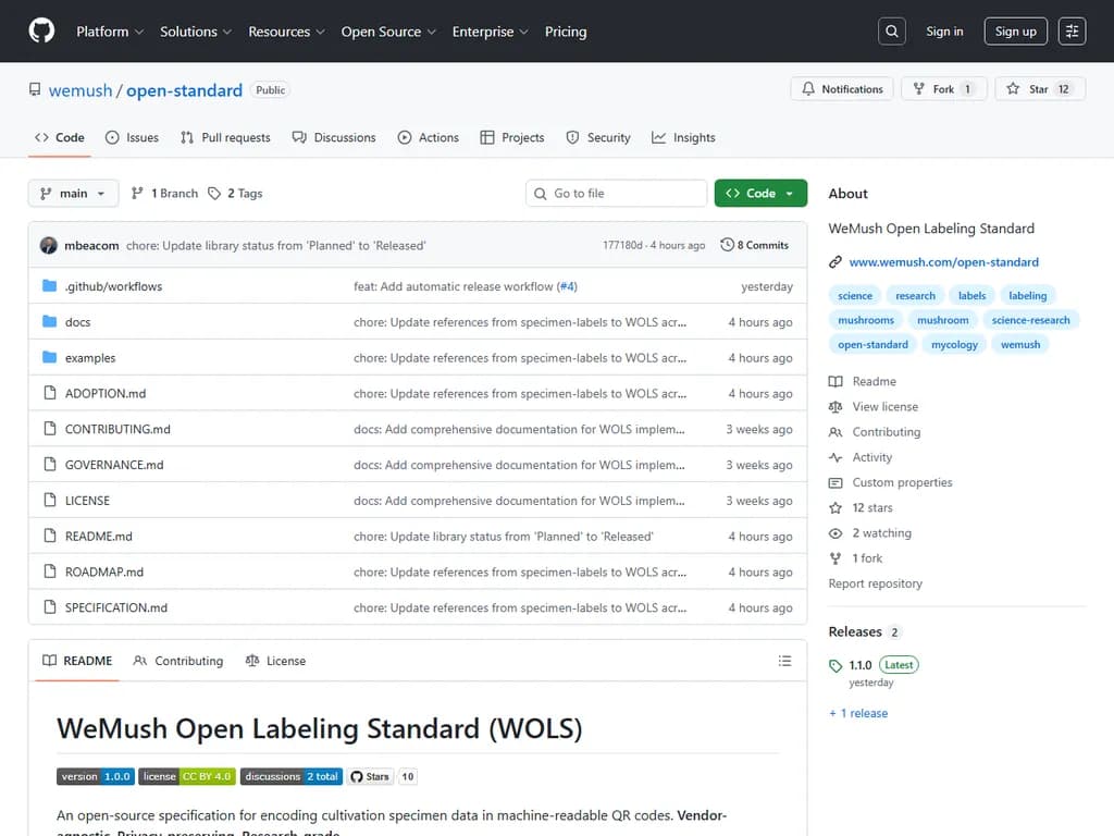 **Show HN:
WOLS – 真菌栽培データ追跡のためのオープンスタンダード**
- **概要** – コミュニティ主導で策定されたオープン仕様。真菌栽培業者が育成データを記録・共有する方法を統一化します。
- **重要性** – どんな規模の農場でも、収量や環境条件、ベストプラクティスを容易に比較できるようになります。
- **主な特徴**
- 成長段階・培地組成・接種日・温度/湿度ログ・収穫指標などを網羅した統一スキーマ
- JSONやCSVといった一般的データフォーマットに対応し、IoTセンサーとの連携APIも備える
- バージョン管理されており、誰でも拡張・調整が可能な公開ドキュメント
- **参加方法** – GitHubリポジトリを訪れ、コードや文書の貢献、拡張案の提案、あるいは自社でWOLSを導入してみてください。
ご意見・プルリクエストなど、お気軽にどうぞ!