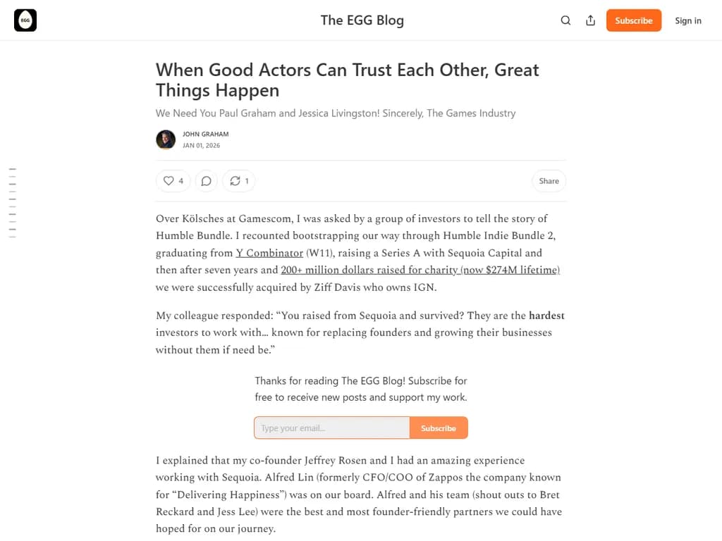 **Y Combinatorが創業者を信頼することを賢明にした理由**
Y Combinator(YC)は、有望なスタートアップを発掘し、早期に資金提供できることで知られています。
この成功の裏には、文化・構造・データ駆動型意思決定の組み合わせがあります。
---
### 1. 極端な透明性の文化
- **オープンフィードバックループ**:創業者はメンターや仲間と進捗を率直に共有することが奨励されます。
- **ファイルストレート・メンタリティ**:初期失敗は挫折ではなく学びの機会として扱われます。
- **コミュニティ所有権**:コホートの全員が他者を評価する役割を担い、自己維持型の審査システムを構築します。
### 2. 構造化された評価プロセス
| ステージ | 主な活動 | 判断基準 |
|----------|-----------|-----------|
| **応募** | 詳細ピッチデッキ+1ページの実行要約 | ビジョンの明確さ、チームフィット、市場規模 |
| **面接** | 10分間の“ファネル”インタビュー(複数のYCパートナー) | 実行力、創業者の粘り強さ |
| **面接後** | パートナーがラウンドテーブルで議論し、スコアリング:<br>• 技術深度<br>• ビジネスモデルの実現性<br>• チームの化学反応 | 合意閾値に達した場合のみ受諾 |
### 3. データ駆動型指標
- **創業者スコアカード**:過去経験、コミュニケーション力、レジリエンスなどを定量化。
- **市場検証指数**:ユーザー増加や1ユーザーあたりの収益などのトラクション指標を測定。
- **リスク評価マトリクス**:飽和市場、規制ハードル等高リスク要因を特定。
### 4. 継続的学習ループ
1. **パフォーマンス追跡**:資金提供後の指標を全スタートアップに対して記録。
2. **フィードバック統合**:得られた教訓をスコアカードとインタビュー質問へ反映。
3. **イテレーティブ改善**:評価フレームワークは四半期ごとに業界動向に合わせて更新。
---
### まとめ
オープンで協働的な文化と、厳格かつ柔軟な構造化評価システムを組み合わせることで、Y Combinatorは直感的な創業者信頼を再現可能でデータに裏付けされたプロセスへと変換しています。この相乗効果により、優れたアイディアだけでなく実行力も備えた創業者を継続的に後押しできる加速器となっています。