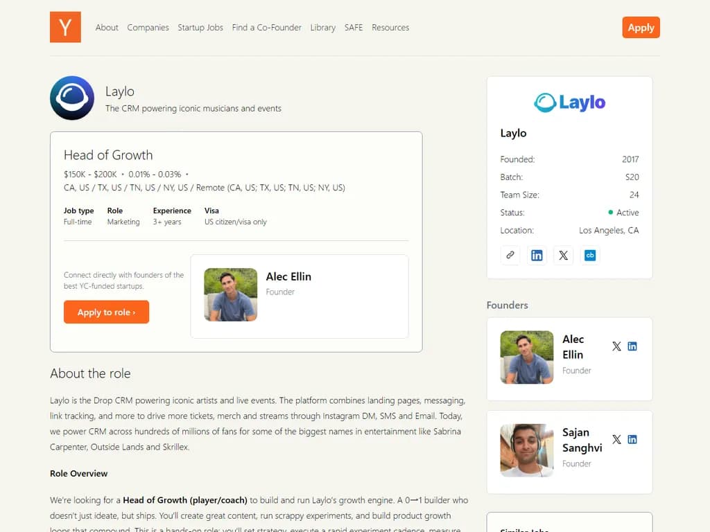 レイロ(YC S20) – グロース責任者(オーガニック&パートナー、ループズ & AI) – リモート勤務(米国)