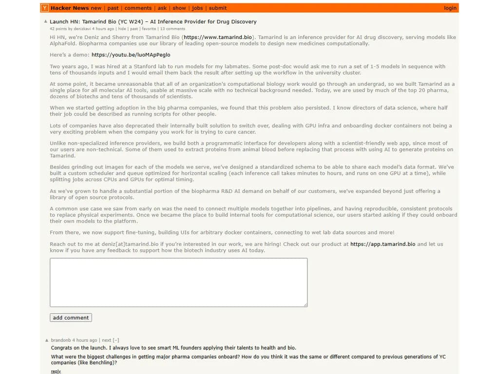 **Launch HN: タマリンバイオ(YC W24)** – 薬物発見のためのAI推論プロバイダー
---