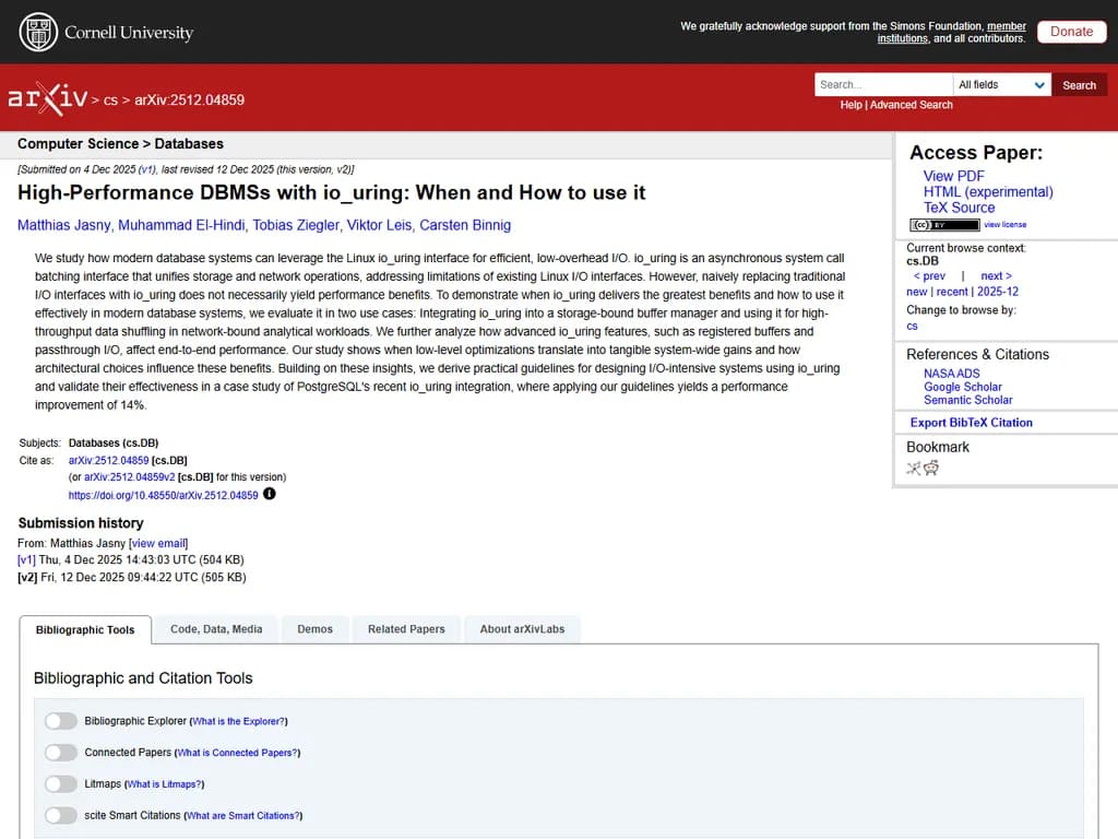 **タイトル:**
*io_uring を使った高性能 DBMS: いつ・どのように利用するか*
---
### 1. 概要
`io_uring` は Linux カーネルインターフェースで、ハイスループット・低レイテンシの非同期 I/O を提供します。
モダンなデータベース管理システム(DBMS)はこれを活用して次のような恩恵を得られます。
- ディスクアクセスが高速化
- CPU オーバーヘッドが削減
- 高負荷時にスケーラビリティが向上
---
### 2. `io_uring` を検討すべき場面
| シナリオ | 利点 | 一般的なユースケース |
|----------|------|----------------------|
| **高同時接続負荷** | コンテキストスイッチが減り、CPU 使用率が向上 | 多数のクライアントを扱う OLTP システム |
| **大規模ファイル操作** | キューへのバッチ送信でカーネル往復が削減 | データウェアハウジングやログ集約 |
| **低レイテンシ要件** | 完了通知が即時に得られる | リアルタイム分析やメモリ混在型ストア |
| **リソース制限環境** | I/O 1 回あたりのメモリ使用量が少ない | エッジデバイスや組み込み DB |
---
### 3. `io_uring` を DBMS に統合する方法
1. **初期化**
- 希望するキュー深さで `io_uring` インスタンスを作成。
- データファイル、WAL などのファイルディスクリプタは一度だけ登録。
2. **送信キュー(SQ)処理**
- 複数の読み書き操作をバッチで送信。
- 予測可能なメモリ使用量のために *fixed buffers* を利用。
3. **完了キュー(CQ)処理**
- ポーリングまたは `eventfd` で完了時に起動。
- CQ ループ内でエラーと再試行をハンドリング。
4. **フォールバック戦略**
- カーネルバージョンが < 5.1 の場合 → `epoll + read/write` に戻る。
- 復旧性のある降格により後方互換性を確保。
5. **パフォーマンスチューニング**
- ワークロードプロファイルに応じてキュー深さを調整。
- 可能なら *direct I/O*(`O_DIRECT`)でページキャッシュをバイパス。
- `perf` や独自メトリクスでレイテンシ・スループットを監視。
---
### 4. よくある落とし穴
| 問題 | 対策 |
|------|------|
| **バッファのアラインメントエラー** | SSD 用には 512 バイト揃えを保証 |
| **過剰送信(over‑submitting)** | CQ が満杯になる前にバックプレッシャーを実装 |
| **共有キューでの競合状態** | スレッドごとに SQ/CQ を分離、またはロックフリー構造を使用 |
---
### 5. C のサンプルコード
```c
struct io_uring ring;
io_uring_queue_init(256, &ring, 0);
/* ファイルディスクリプタの登録 */
int fd = open("data.db", O_RDWR);
io_uring_register_files(&ring, &fd, 1);
/* 読み取りを送信 */
struct iovec iov = {.iov_base = buf, .iov_len = len};
unsigned int sqe_flags = IORING_OP_READ;
struct io_uring_sqe *sqe = io_uring_get_sqe(&ring);
io_uring_prep_read_fixed(sqe, fd, &iov, 1, offset, iov.iov_len, 0);
/* 送信と完了待ち */
io_uring_submit_and_wait(&ring, 1);
struct io_uring_cqe *cqe;
io_uring_wait_cqe(&ring, &cqe);
/* cqe->res を処理 … */
io_uring_queue_exit(&ring);
```
---
### 6. 結論
`io_uring` は以下の条件下で DBMS のパフォーマンスを劇的に向上させます。
- ワークロードが高同時接続または低レイテンシを要求する場合
- デプロイ先が Linux カーネル 5.1 以上である場合
送信・完了キューの適切な管理、フォールバック処理、キュー深さのチューニングにより、データベースは `io_uring` を活用して卓越した I/O 効率を実現できます。