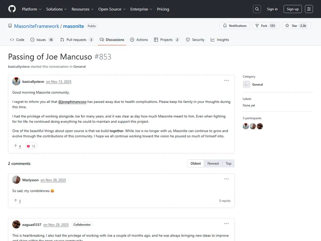 ジョー・マンクソ氏の訃報 – Masonite(Python Web フレームワーク)創設者のご逝去