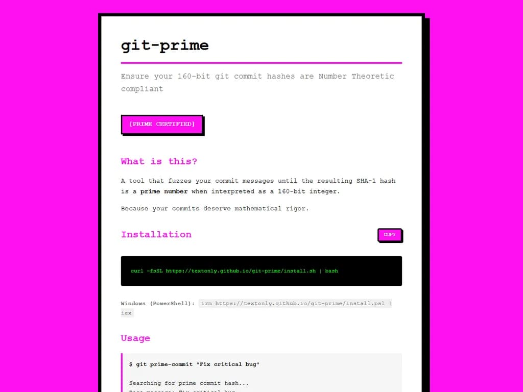 **Show HN:** 48桁の素数を毎回 Git コミットで表示する
---
(原文)
> **Show HN:** 48‑digit prime numbers every git commit
(日本語訳)
> **Show HN:** 毎回 Git のコミット時に 48 桁の素数を表示する