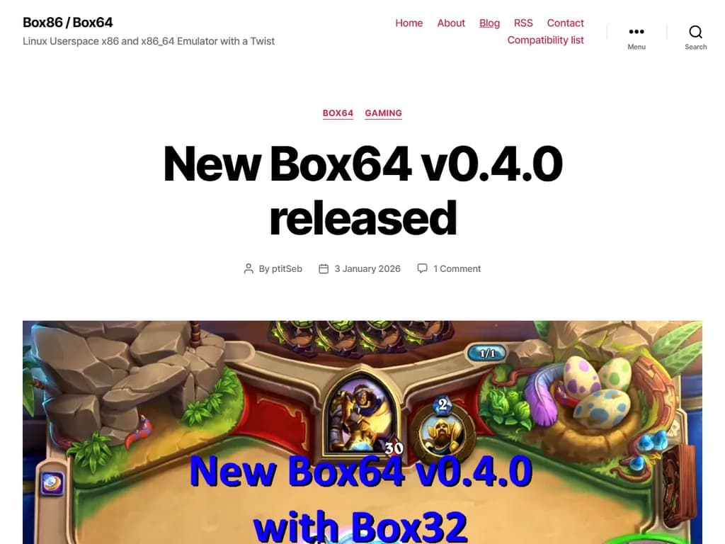 **Box64によるLoongArchの改善**
- Box64 の新リリースは、LoongArch アーキテクチャ向けに大幅なパフォーマンス向上を実現し、エミュレーションがよりスムーズになり、64‑bit バイナリとの互換性も向上しています。
- 主な特徴として、最適化された命令パイプライン、メモリフットプリントの削減、および LoongArch システムにおけるシステムコール処理の改善が挙げられます。