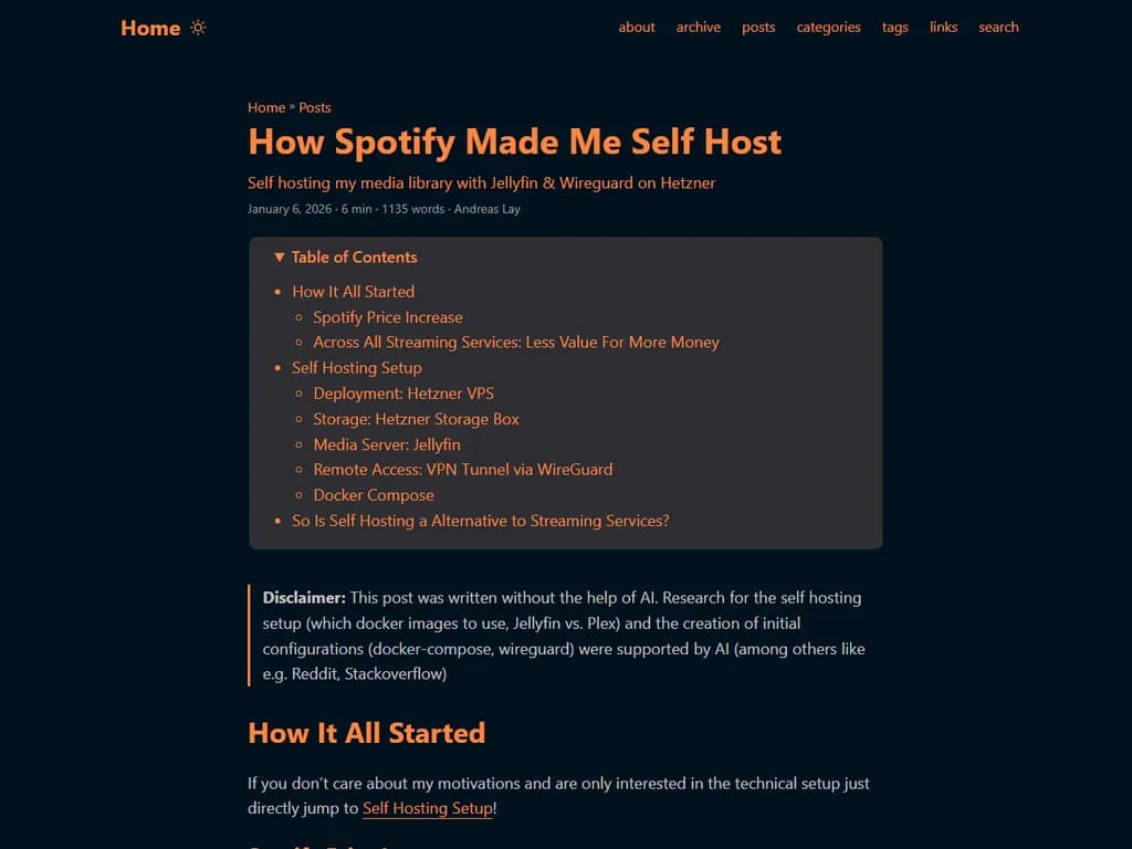 **Hetzner 上で自前ホスティングする My Media Library(Jellyfin と WireGuard)**
私は Jellyfin をストリーミング用に、WireGuard を接続保護のために利用し、プライベートなメディアサーバーを構築しました。
このホストは Hetzner の専有サーバー上で稼働しており、信頼性の高いパフォーマンスとデータプライバシーを確保しています。