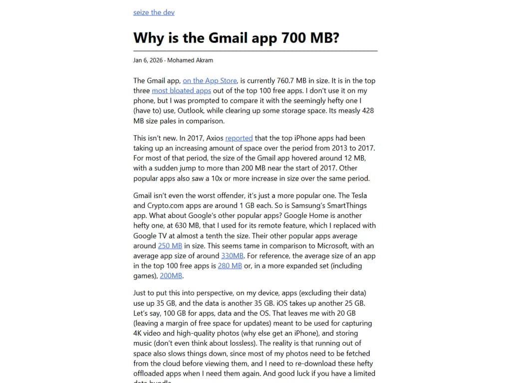 Gmail アプリが数百メガバイト(約 700 MB)に達する理由は、以下のような複数の要因があります。
- **キャッシュデータ** – メールを読む・送信・同期するたびに、アプリは添付ファイルや本文をローカルにコピーして保存します。これにより次回から高速に表示できますが、その分容量が増えます。
- **全文検索インデックス** – Gmail の強力な検索機能を実現するために、デバイス上で全文検索用のインデックスが作成されます。これだけでも数百メガバイトを消費します。
- **バックグラウンド同期** – オフラインアクセスを可能にするため、アプリは多くのラベルやフォルダをローカルに保持し続けます。メールが増えるとこの容量も増加します。
- **追加機能** – 「送信取り消し」バッファ、添付ファイルプレビュー、クイック返信候補など、便利な機能もストレージを占有します。
これらの要素が重なることで、Gmail アプリのインストールサイズは約 700 MB まで膨張することがあります。