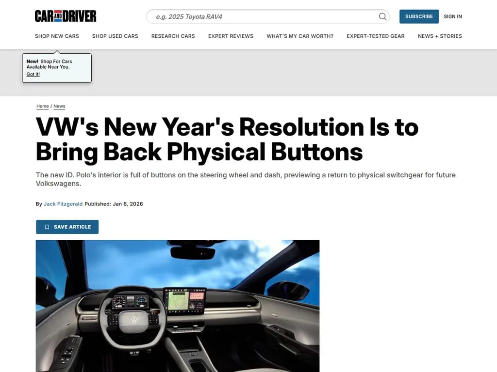**フォルクスワーゲン、物理ボタンを復活**
最近の驚きの動きで、フォルクスワーゲンは車内に物理的なボタンを再導入しました。業界を席巻していた洗練されたタッチスクリーンインターフェースからの逸脱です。
### なぜ「触覚」へ戻るのか?
- **ドライバーの集中**:物理コントロールは視覚的な気晴らしを減らし、目線を道路に保ちます。
- **信頼性**:機械式スイッチはソフトウェア不具合やバッテリー消耗が起きにくいです。
- **ユーザー体験**:多くの顧客は触覚フィードバックと直感的な操作感を好みます。
### VWデザインの新要素
- **コンパクトボタンパネル**:ステアリングホイール下に配置し、すばやいアクセスが可能。
- **高品質素材**:耐久性のあるプラスチックでプレミアム仕上げを施し、内装美と調和。
- **カスタマイズ可能な配置**:所有者は購入時に物理スイッチへ割り当てる機能を選択できます。
### 消費者の反応
- **好意的評価**:年配ドライバーやより伝統的な運転感覚を求める層が歓迎。
- **賛否両論**:若手ユーザーは多機能性を重視し、完全デジタルコントロールを好むケースも。
### 今後の展望
フォルクスワーゲンの決定は、タッチスクリーンの利便性と物理ボタンの安全・慣れ親しみやすさを融合したハイブリッドインターフェースへの業界全体のシフトを示唆している可能性があります。