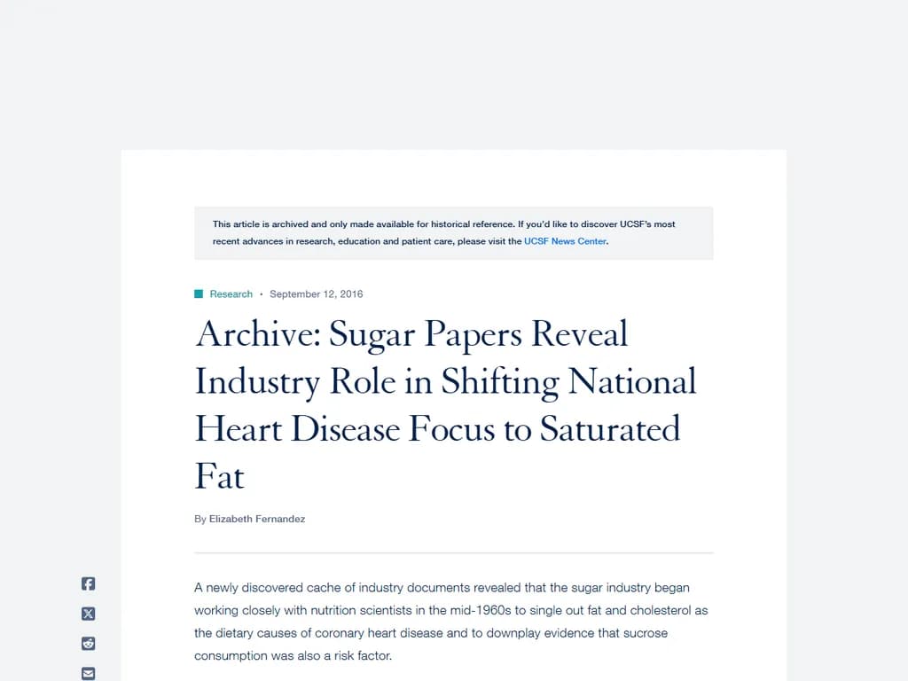 砂糖産業は研究者に影響力を行使し、脂質を心血管疾患(CVD)の原因として非難しました(2016年)