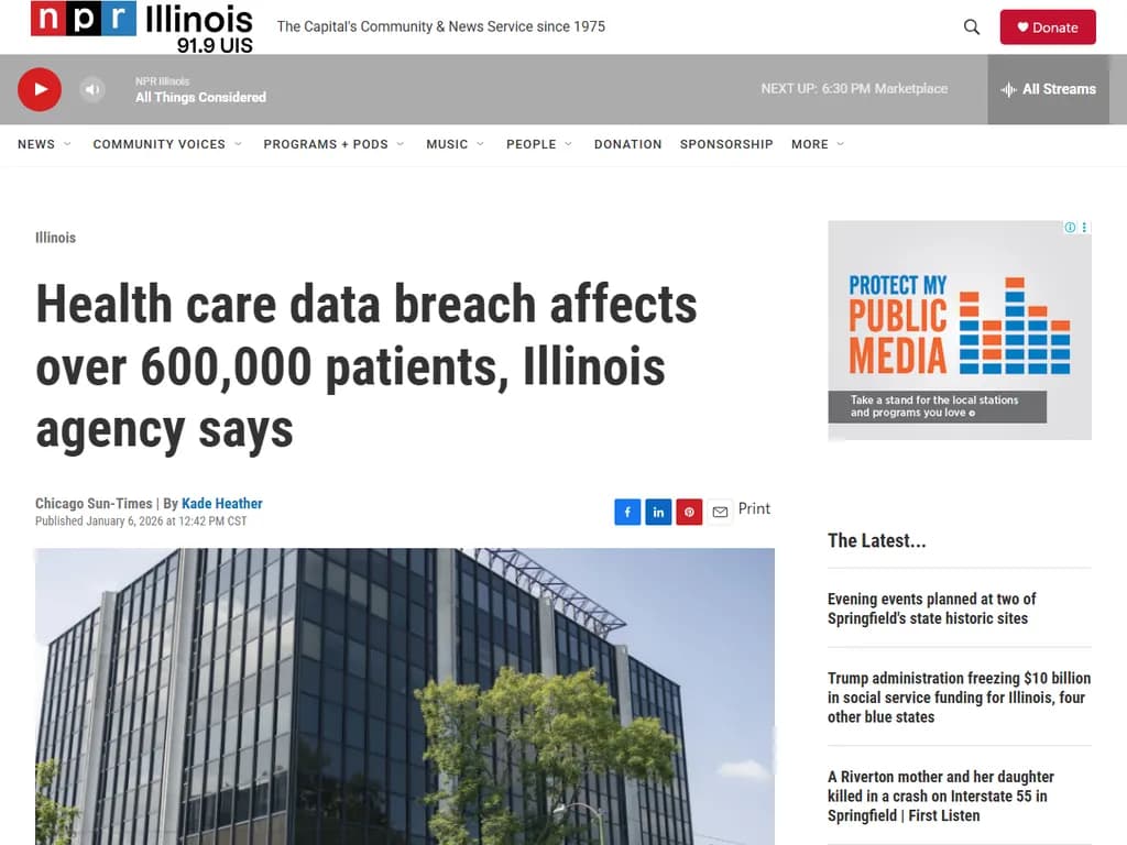 イリノイ州機関によると、ヘルスケアデータの漏洩で60万人を超える患者が被害に遭ったとのことです。