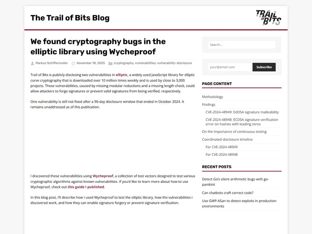 エリプティックライブラリに対しWycheproofスイートでテストした結果、暗号学的欠陥を発見しました。