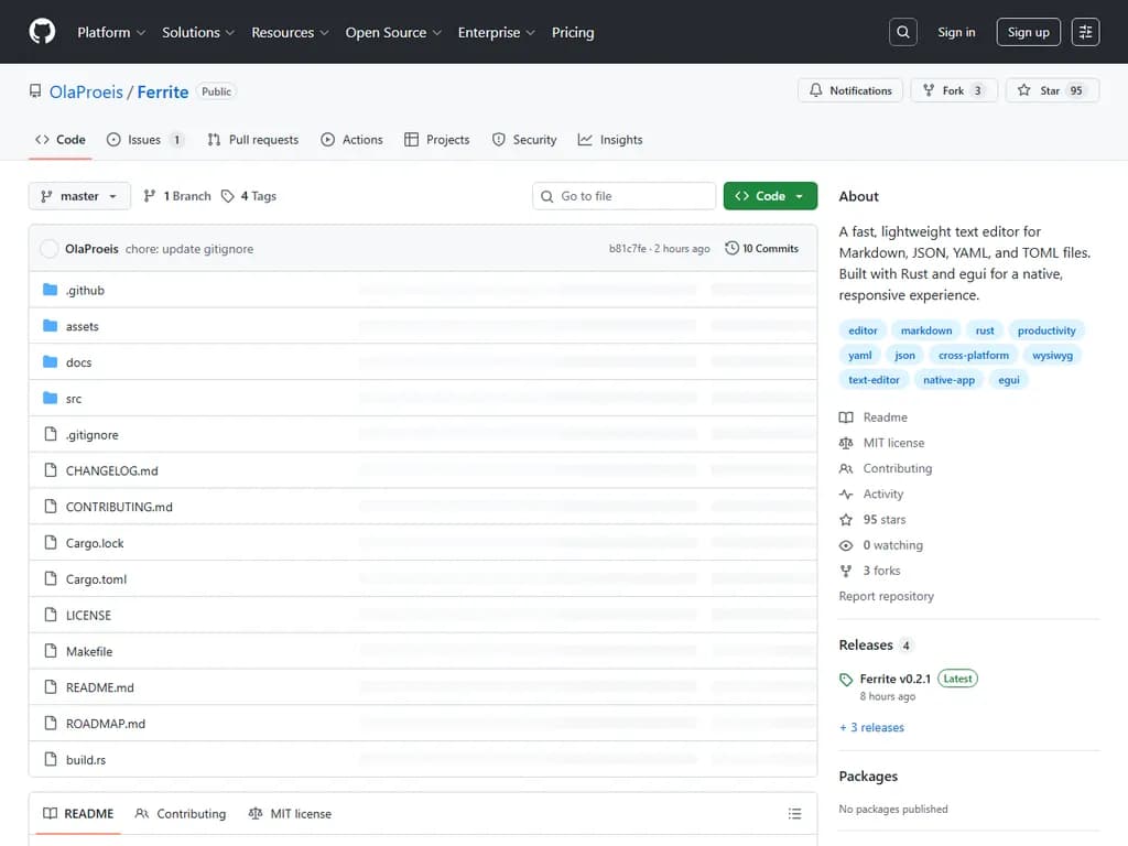 **Show HN:Ferrite – Rustで作られたマークダウンエディタ、ネイティブMermaid図描画機能付き**