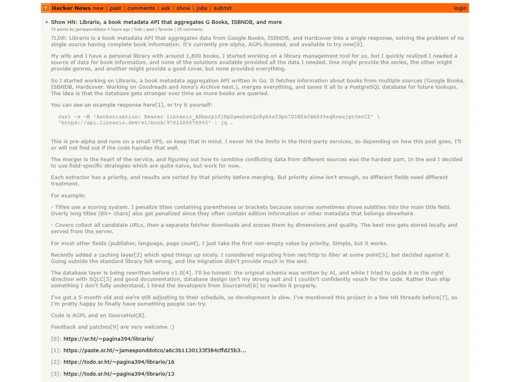 Show HN:Librario――Google Books、ISBNDB などを統合する書籍メタデータ API
---