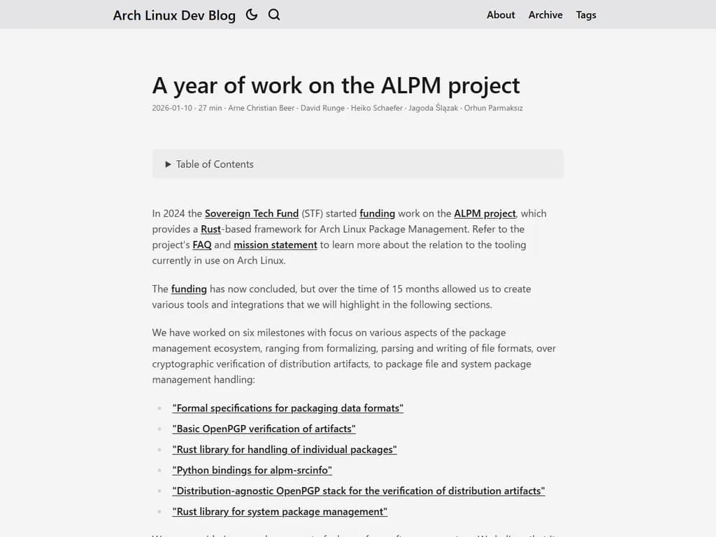 **Arch Linux パッケージ管理(ALPM)プロジェクトでの1年間の取り組み**