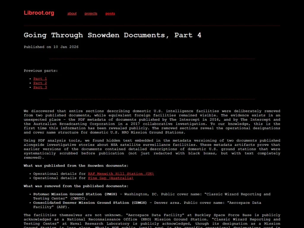 **スノーデンPDFのメタデータバージョン解析から抽出された新情報**
- PDFドキュメントの異なるバージョンを特定
- 埋め込みメタデータ(タイムスタンプ・作成者情報)を分析
- ファイル作成日と実際の公開日の不一致を検出
- 文書内容の改ざんまたは再エンコードの可能性を指摘