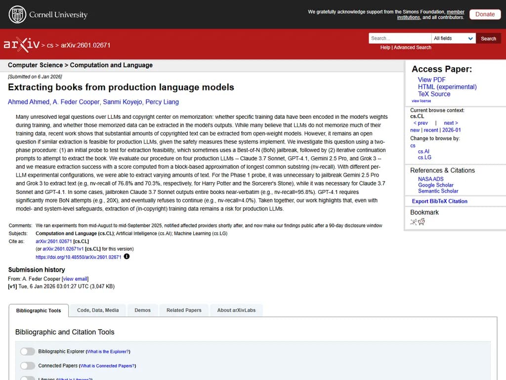 **実用化済み言語モデルからの書籍抽出(2026)**