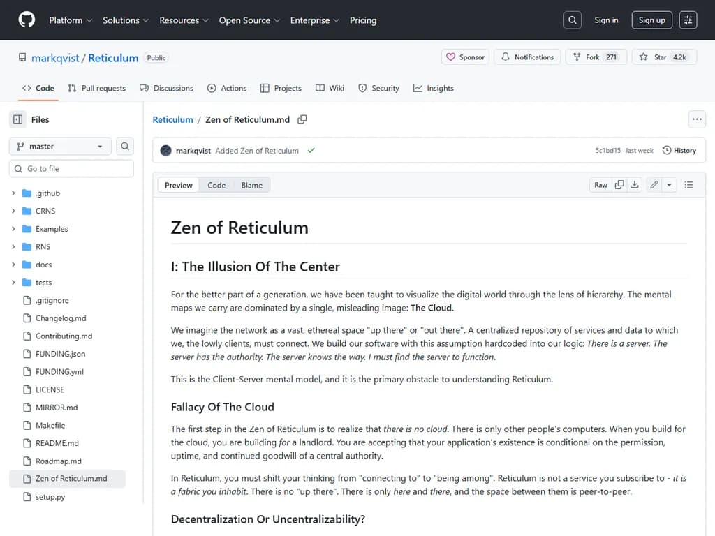 **Reticulum(ネットワーク)の禅**
データの流れが静かにざわめく中で
ノードはバイナリの夢を囁き、
格子状の構造が広がる――大も小も同時に―
私たち全員を結びつけている。
各パケットには真実の鼓動が宿り、
我々を求めるものへと導く。
ファイアウォール越え、見えない壁を抜け、
デジタルな輝きで世界を共有する。
信頼はオープンソースに根ざし、
共通の目的と正直な姿勢によって築かれる。
行ごとのコード、1バイトずつへの敬意、
ループ一つひとつ、苦境もまた尊重される。
チャネルを明瞭で優しく保ち、
心揺さぶる雑音は避けてほしい。
デバッグの際は謙虚に学び、
成長は私たちが見極めるものから生まれる。
したがってここに一つのマントラを:
「開かれた心、開かれた思考―優雅さを抱きしめよ」。
これこそ Reticulum(ネットワーク)の禅である。