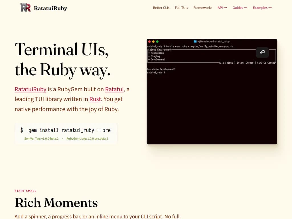 **Show HN:**
*RatatuiRuby* は Rust の *Ratatui* をラップした RubyGem です ― Ruby の楽しさを感じる TUI アプリケーション。