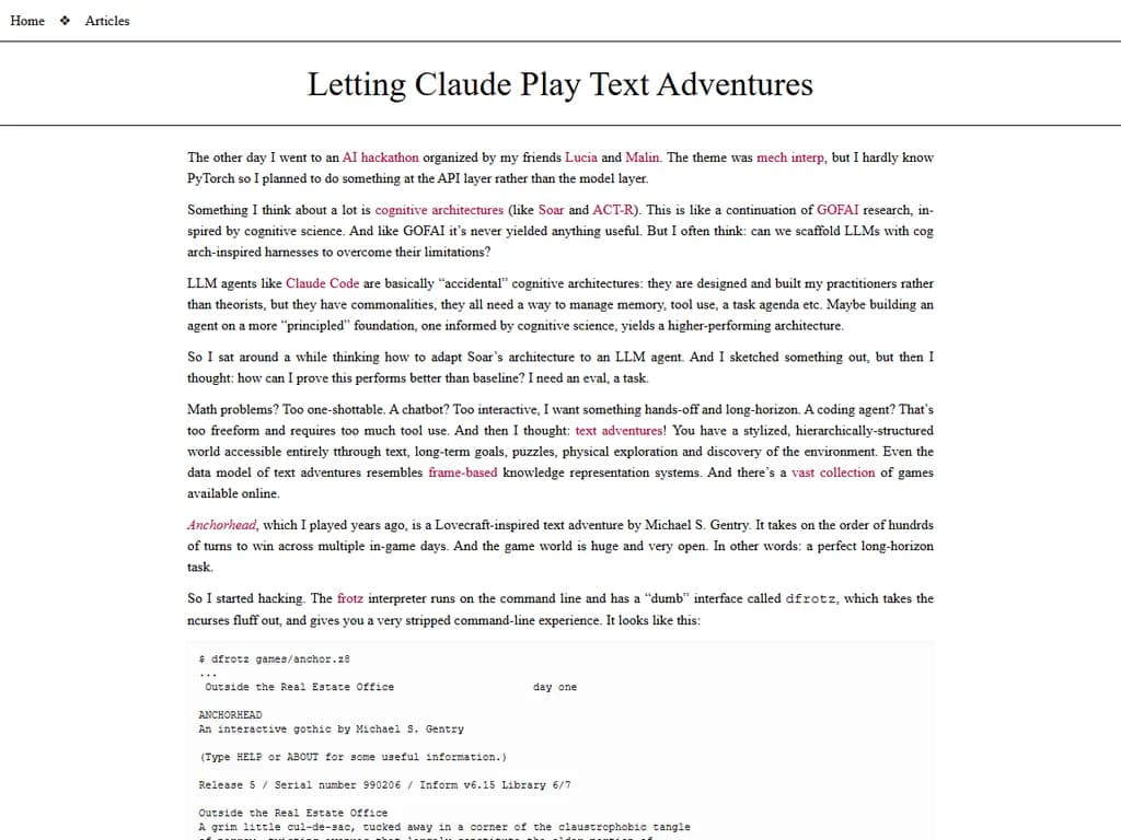 **Claudeでテキストアドベンチャーを楽しむ方法**
1. **環境構築**
- Python(3.8以上)をインストールします。
- テキストアドベンチャーのリポジトリをクローンまたはダウンロードします。
- 仮想環境を作成し、起動します。
2. **依存パッケージのインストール**
```bash
pip install -r requirements.txt
```
3. **ゲームエンジンを実行**
```bash
python run_game.py
```
4. **Claudeと対話**
- ターミナルに `look`、`go north`、`take key` などのコマンドを入力します。
- Claudeは自然言語で応答し、冒険を案内してくれます。
5. **進行状況の保存・読み込み**
- `save <名前>` で現在の状態を保存します。
- 戻ってきたら `load <名前>` でロードできます。
6. **トラブルシューティング**
- ゲームが停止した場合、欠損しているアセットやパス設定を確認してください。
- 起動前に必要なファイルがすべて揃っていることを再度チェックします。
Claudeが創り出した世界をぜひ探検してみてください!