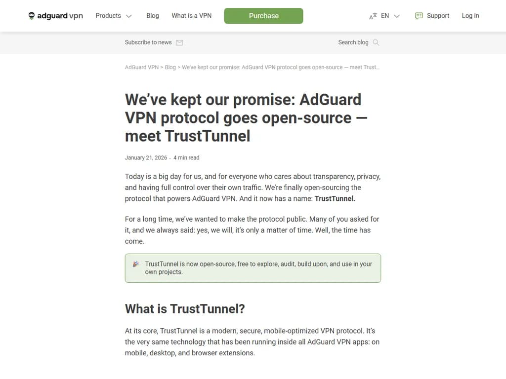 **TrustTunnel:AdGuard VPNプロトコルがオープンソース化されました**