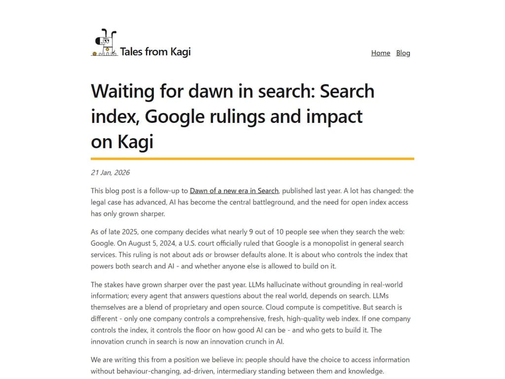 ダウン・イン・サーチ:検索インデックス、Google の判決、およびカギに与える影響
(Note: "Kagi" is treated as a proper noun; if it refers to a specific entity, adjust accordingly.)