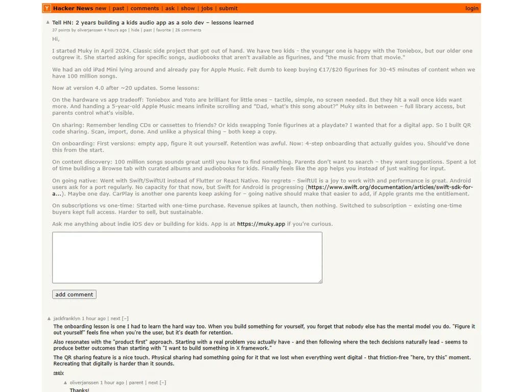 **タイトル:**
*「子ども向け音声学習アプリを1人で2年間開発した経験―得た教訓」*
---
私は過去2年間、シンプルながらパワフルな音声学習アプリを子ども向けに作り上げました。
一人で全てを担うため、デザイン・コーディング・マーケティング・サポートと多岐にわたる業務を同時進行させる経験は、多くの重要なポイントを教えてくれました。
- **明確な課題設定から始める**
コードを書く前に、解決したい痛点を特定する。
- **スコープを限定しておく**
機能追加が勢いで進むとモメンタムが失われる。1つの核となる価値提案に集中する。
- **高速で反復、早期リリース**
MVP を実際のユーザーへ公開し、フィードバックを次回の改善に活かす。
- **できる限り自動化する**
CI/CD パイプライン・テスト自動化・デプロイスクリプトは長期的に時間と労力を節約してくれる。
- **ドキュメントは徹底的に作成**
1人開発では「良いドキュメント」が最大の味方になる。
- **まずコミュニティを育てる**
ソーシャルメディア・ニュースレター・ベータプログラムで、早期から潜在ユーザーと関わる。
- **重要な指標だけを追跡**
ダウンロード数ではなく、エンゲージメントやリテンションを分析で測定する。
- **初日からスケールを見据える**
小規模でもインフラに追いつかないことがある。成長と共に拡張できるクラウドサービスを選ぶ。
- **自分自身のケアも忘れずに**
バーナウトは現実。休息時間を設け、境界線を引き、プロジェクト以外でも学び続けることが大切。
---
一人で何かを作ろうと考えている、または既に取り組んでいる方へ――
焦点を絞り、自動化・ドキュメント化・コミュニティづくりを徹底すれば、最良の味方となります。
幸運なコーディングライフを!